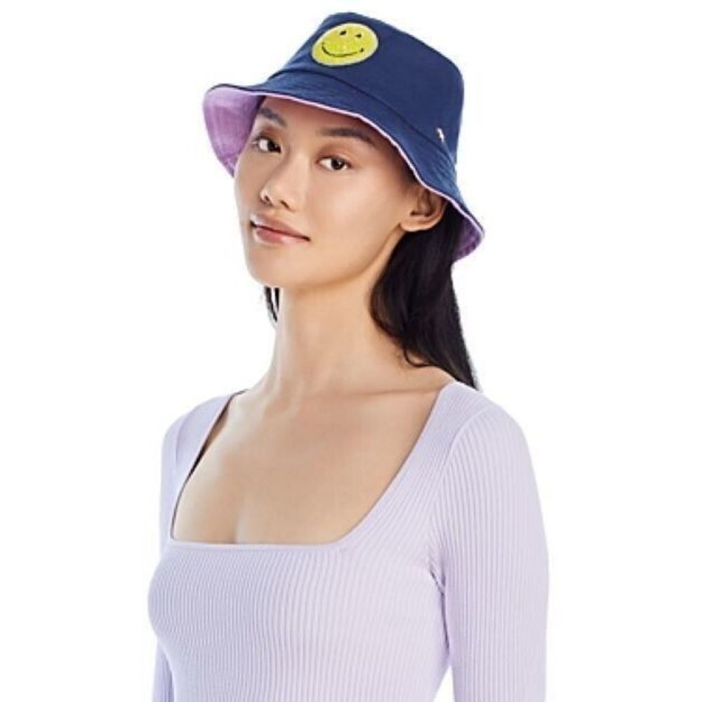 Jocelyn Reversible Smiley Bucket Hat Navy Purple Retail $65